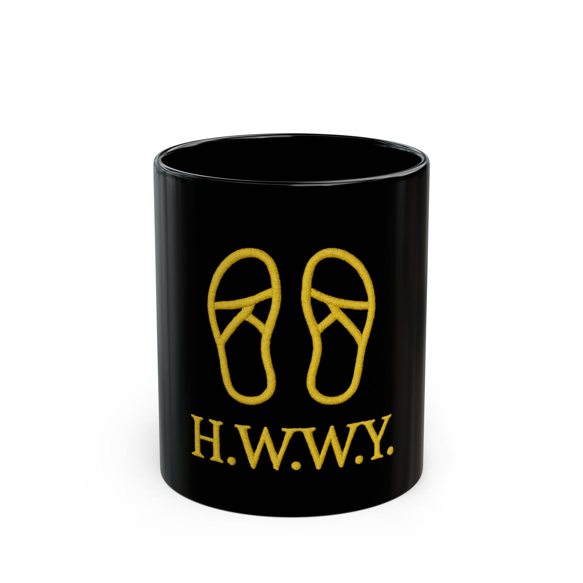 Christian faith-inspired H.W.W.Y. mug with sandals logo, perfect gift for believers